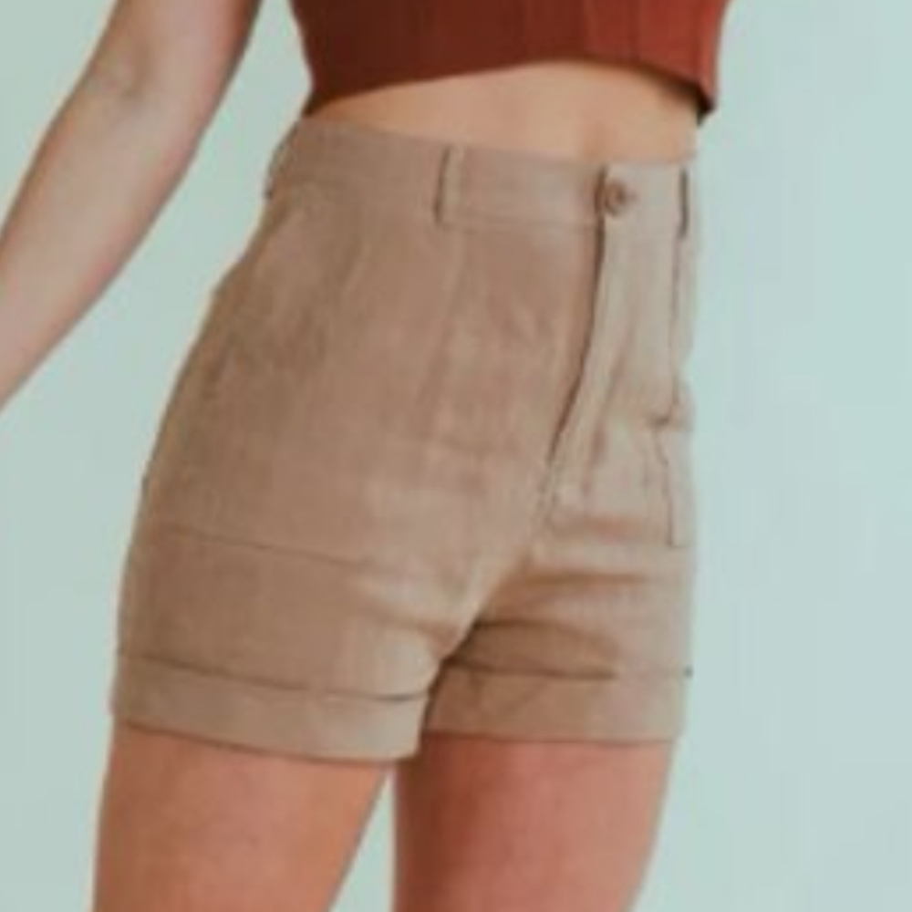 Mod Ref 100% Linen High Waist  Shorts Relaxed Fit Tan Size S New